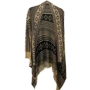 Black and White SouthwesternTribal Print Fringe Knit Cardigan Wrap - Medium